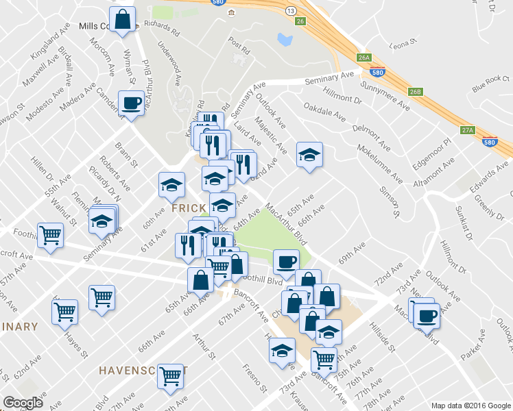 map of restaurants, bars, coffee shops, grocery stores, and more near 3243 63rd Avenue in Oakland