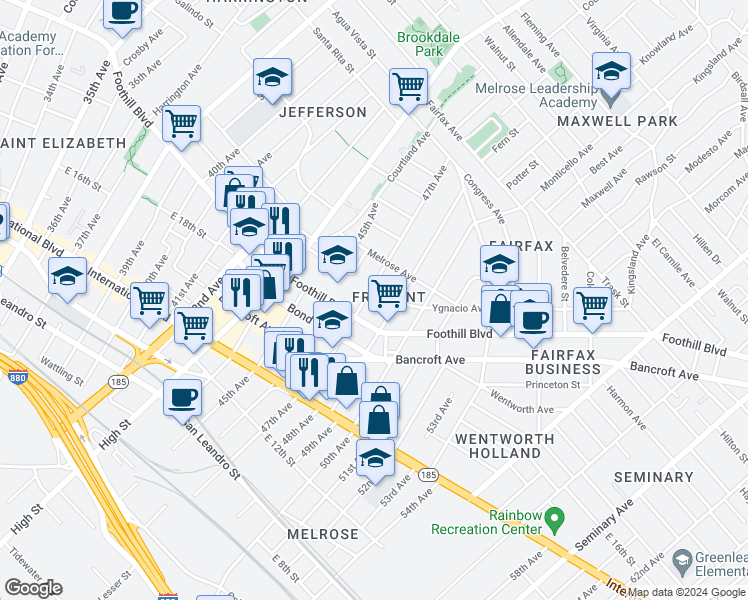 map of restaurants, bars, coffee shops, grocery stores, and more near 2015 47th Avenue in Oakland