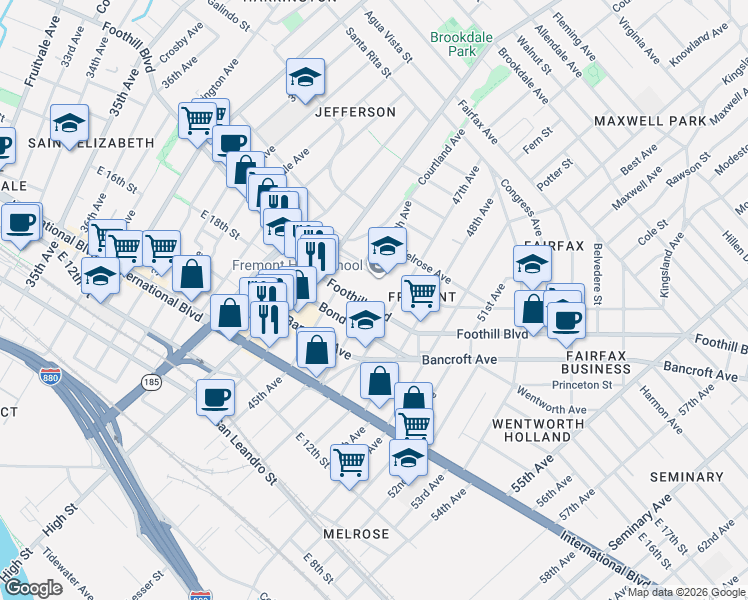 map of restaurants, bars, coffee shops, grocery stores, and more near 4610 Foothill Boulevard in Oakland