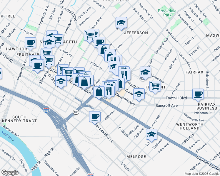 map of restaurants, bars, coffee shops, grocery stores, and more near 4207 East 17th Street in Oakland