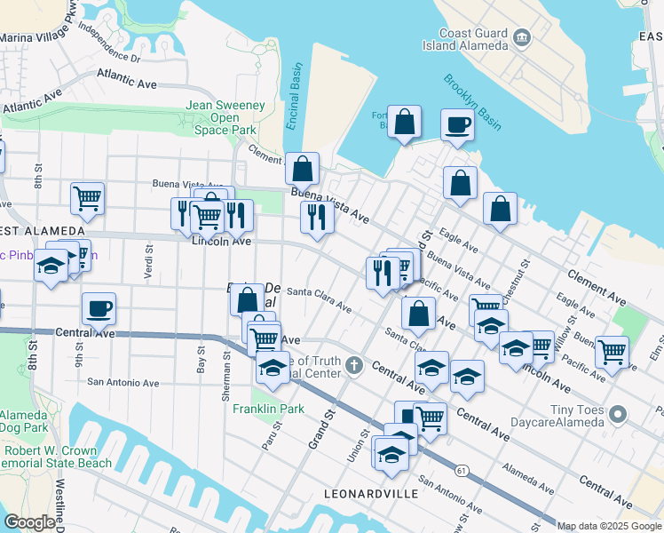 map of restaurants, bars, coffee shops, grocery stores, and more near 1539 Lincoln Avenue in Alameda