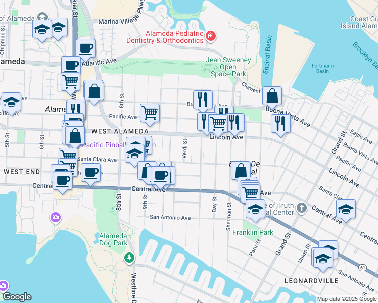map of restaurants, bars, coffee shops, grocery stores, and more near 1040 Lincoln Avenue in Alameda