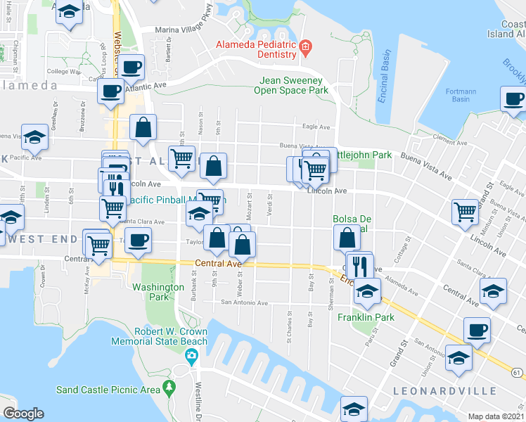 map of restaurants, bars, coffee shops, grocery stores, and more near 1542 Mozart Street in Alameda