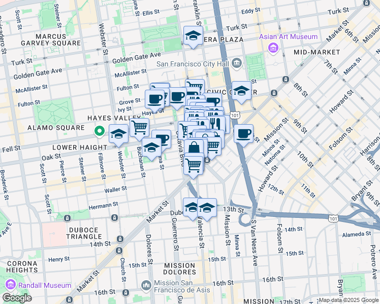 map of restaurants, bars, coffee shops, grocery stores, and more near 118 Gough Street in San Francisco