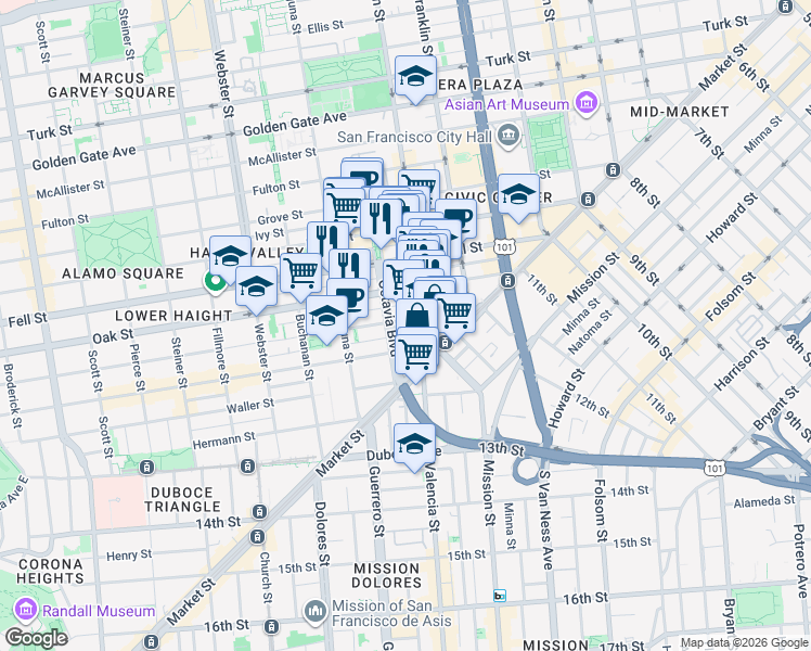 map of restaurants, bars, coffee shops, grocery stores, and more near 190 Lily Street in San Francisco