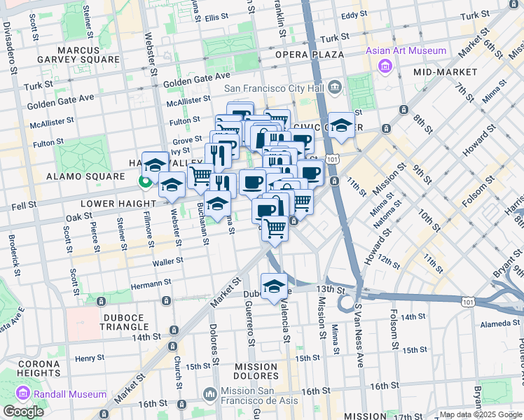 map of restaurants, bars, coffee shops, grocery stores, and more near 190 Lily Street in San Francisco