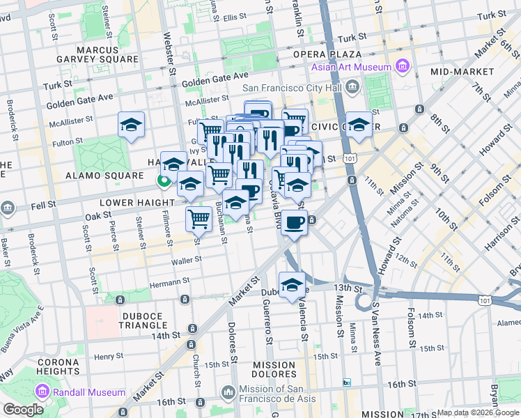 map of restaurants, bars, coffee shops, grocery stores, and more near 383 Oak Street in San Francisco