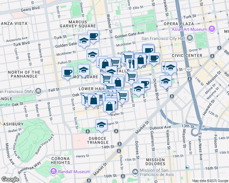 map of restaurants, bars, coffee shops, grocery stores, and more near 638 Oak Street in San Francisco