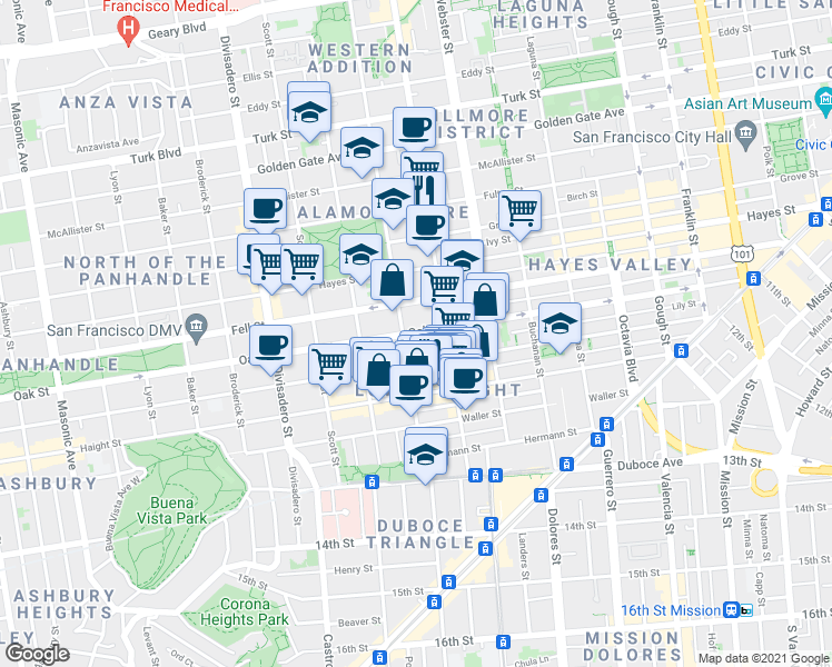 map of restaurants, bars, coffee shops, grocery stores, and more near in San Francisco