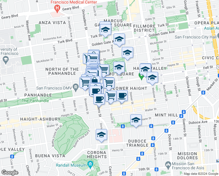 map of restaurants, bars, coffee shops, grocery stores, and more near 503 Scott Street in San Francisco