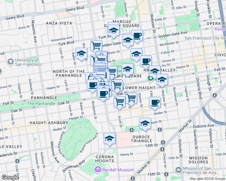 map of restaurants, bars, coffee shops, grocery stores, and more near 503 Scott Street in San Francisco