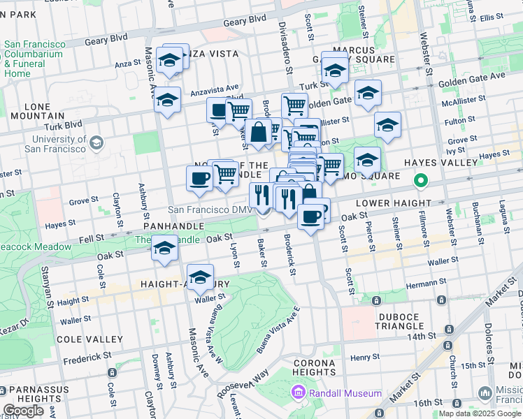map of restaurants, bars, coffee shops, grocery stores, and more near 1469 Hayes Street in San Francisco