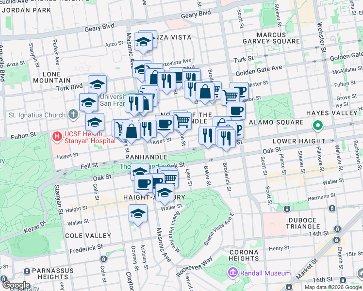 map of restaurants, bars, coffee shops, grocery stores, and more near 1634 Hayes Street in San Francisco
