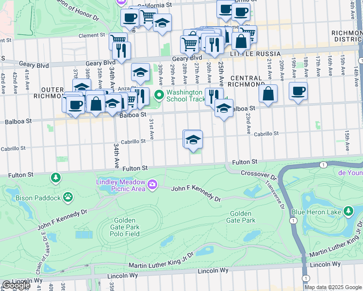 map of restaurants, bars, coffee shops, grocery stores, and more near 2750 Cabrillo Street in San Francisco