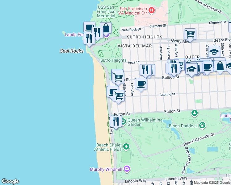 map of restaurants, bars, coffee shops, grocery stores, and more near 730 A Great Highway in San Francisco