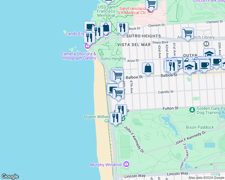 map of restaurants, bars, coffee shops, grocery stores, and more near 730 A Great Highway in San Francisco