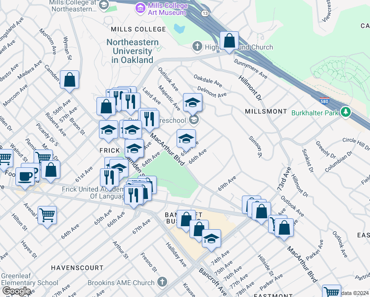 map of restaurants, bars, coffee shops, grocery stores, and more near 3401 65th Avenue in Oakland