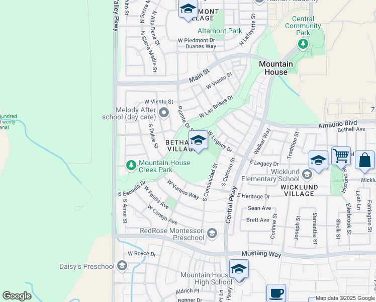 map of restaurants, bars, coffee shops, grocery stores, and more near 570 Escuela Drive in Mountain House