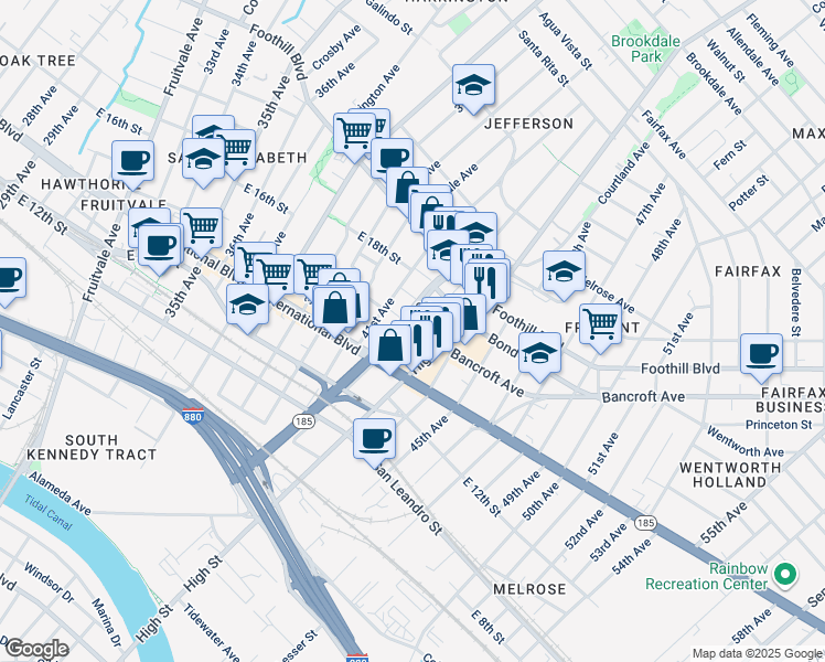 map of restaurants, bars, coffee shops, grocery stores, and more near 4207 East 17th Street in Oakland