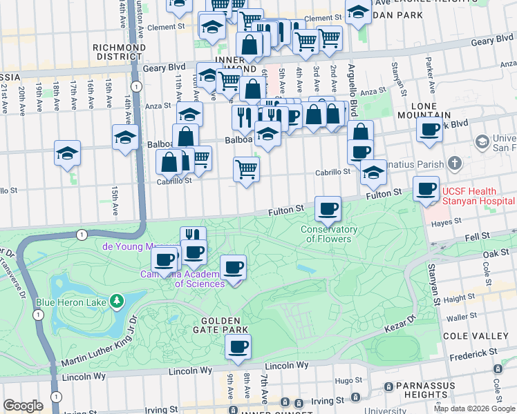 map of restaurants, bars, coffee shops, grocery stores, and more near 790 7th Avenue in San Francisco