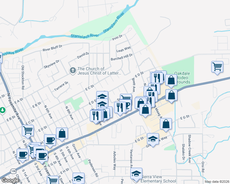 map of restaurants, bars, coffee shops, grocery stores, and more near 279 Cheyenne Court in Oakdale