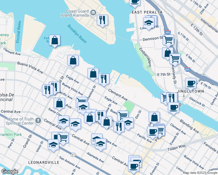 map of restaurants, bars, coffee shops, grocery stores, and more near 2055 Clement Avenue in Alameda