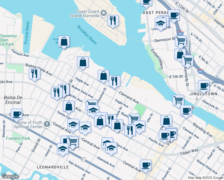map of restaurants, bars, coffee shops, grocery stores, and more near 2020 Clement Avenue in Alameda