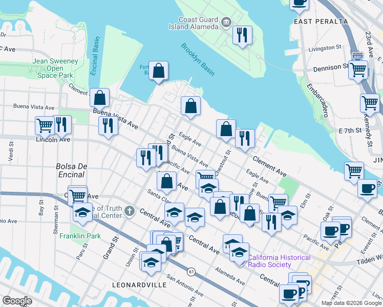 map of restaurants, bars, coffee shops, grocery stores, and more near 1801 Buena Vista Avenue in Alameda