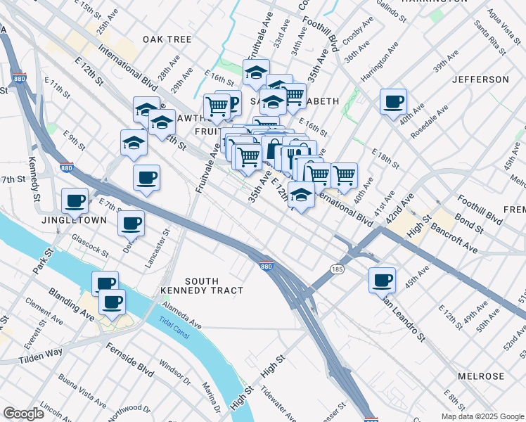 map of restaurants, bars, coffee shops, grocery stores, and more near 3401 East 12th Street in Oakland