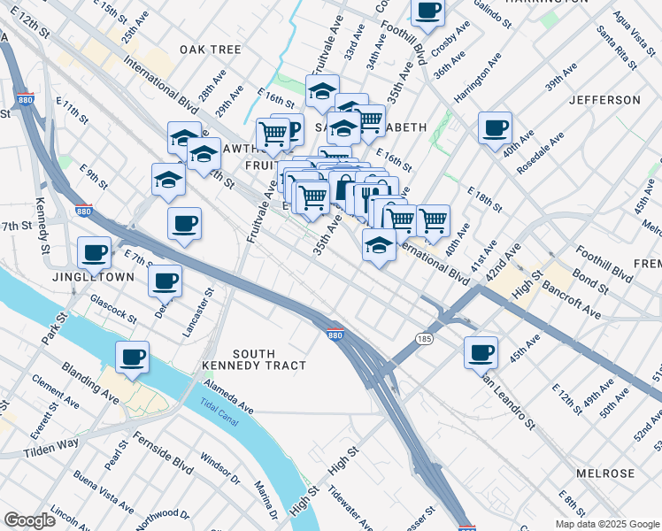 map of restaurants, bars, coffee shops, grocery stores, and more near 3532 San Leandro Street in Oakland