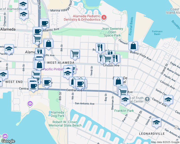 map of restaurants, bars, coffee shops, grocery stores, and more near 1542 Mozart Street in Alameda