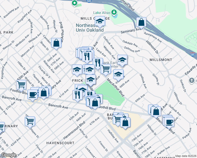 map of restaurants, bars, coffee shops, grocery stores, and more near 3243 63rd Avenue in Oakland