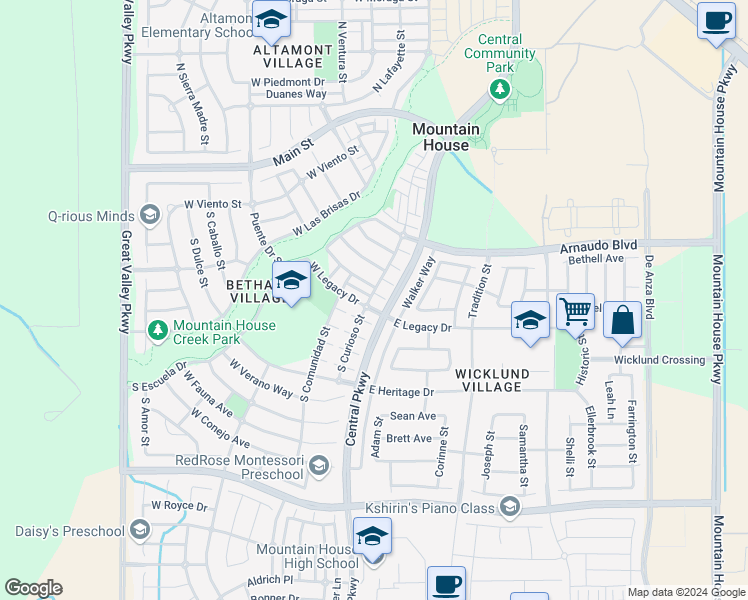 map of restaurants, bars, coffee shops, grocery stores, and more near 96 West Belleza Lane in Mountain House