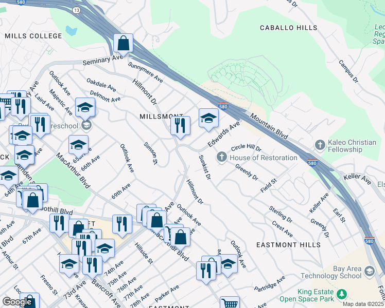 map of restaurants, bars, coffee shops, grocery stores, and more near 6927 Sunkist Drive in Oakland