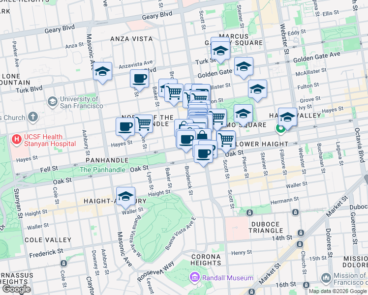 map of restaurants, bars, coffee shops, grocery stores, and more near Fell St & Broderick St in San Francisco