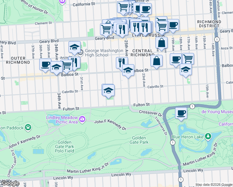 map of restaurants, bars, coffee shops, grocery stores, and more near 2500 Cabrillo Street in San Francisco