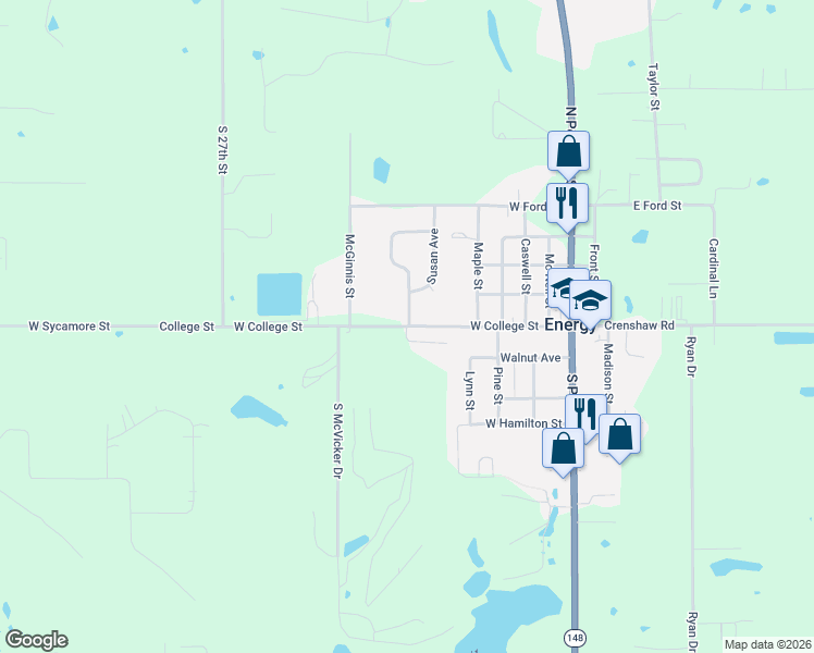 map of restaurants, bars, coffee shops, grocery stores, and more near 572 West College Street in Energy
