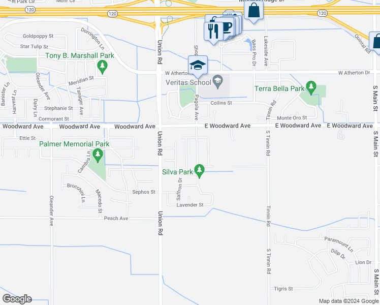 map of restaurants, bars, coffee shops, grocery stores, and more near 1944 Carogold Lane in Manteca