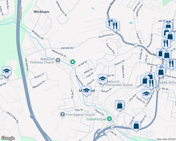 map of restaurants, bars, coffee shops, grocery stores, and more near 105 Loflin Street in Beckley