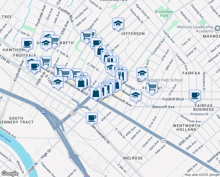 map of restaurants, bars, coffee shops, grocery stores, and more near 4207 East 17th Street in Oakland