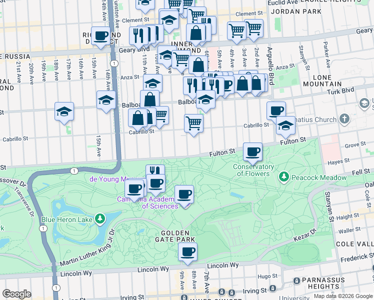map of restaurants, bars, coffee shops, grocery stores, and more near 745 8th Avenue in San Francisco