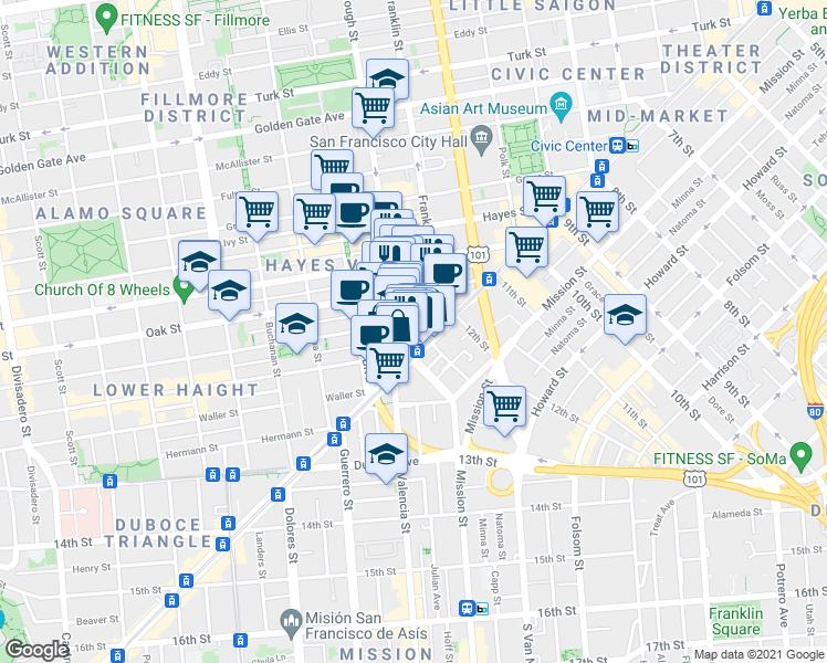 map of restaurants, bars, coffee shops, grocery stores, and more near 118 Gough Street in San Francisco