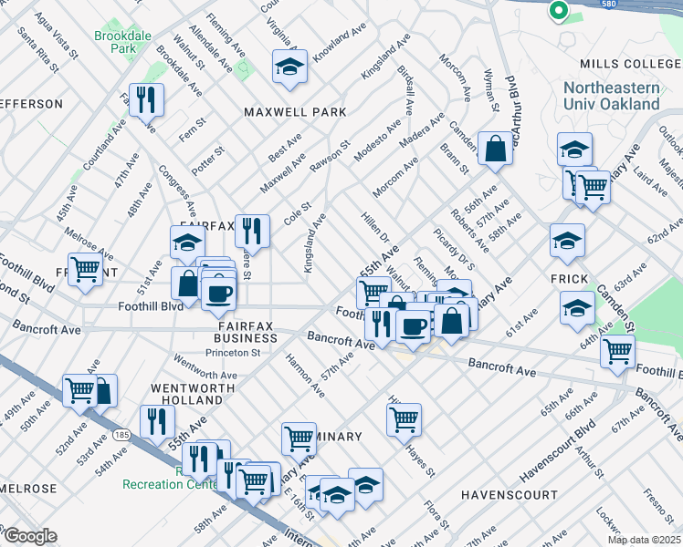 map of restaurants, bars, coffee shops, grocery stores, and more near 5457 Brookdale Avenue in Oakland