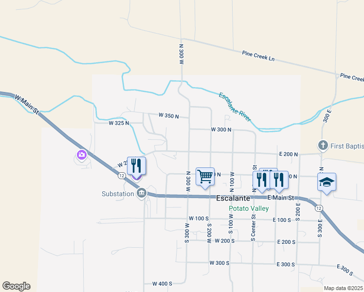 map of restaurants, bars, coffee shops, grocery stores, and more near 245 North 300 West in Escalante
