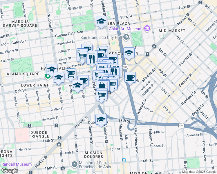 map of restaurants, bars, coffee shops, grocery stores, and more near 55 Page Street in San Francisco