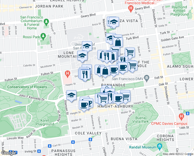 map of restaurants, bars, coffee shops, grocery stores, and more near 101 Ashbury Street in San Francisco