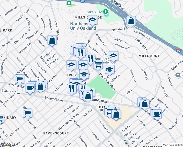 map of restaurants, bars, coffee shops, grocery stores, and more near 3243 63rd Avenue in Oakland
