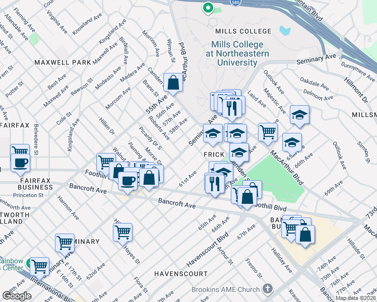 map of restaurants, bars, coffee shops, grocery stores, and more near 2933 Seminary Avenue in Oakland