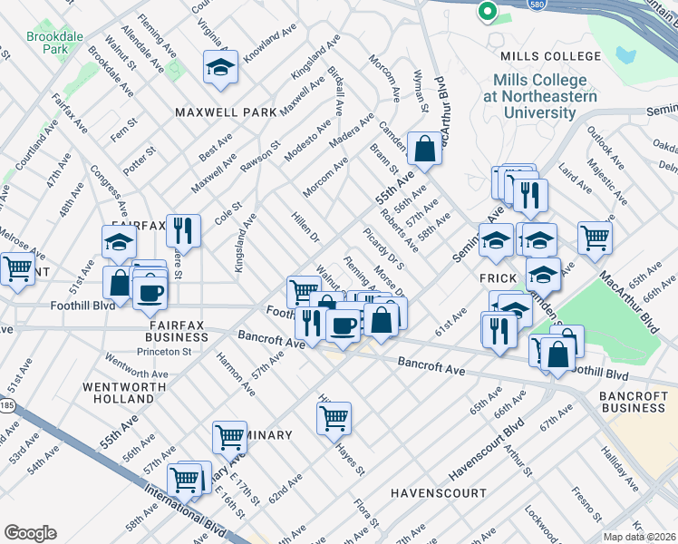map of restaurants, bars, coffee shops, grocery stores, and more near 5600 Fleming Avenue in Oakland