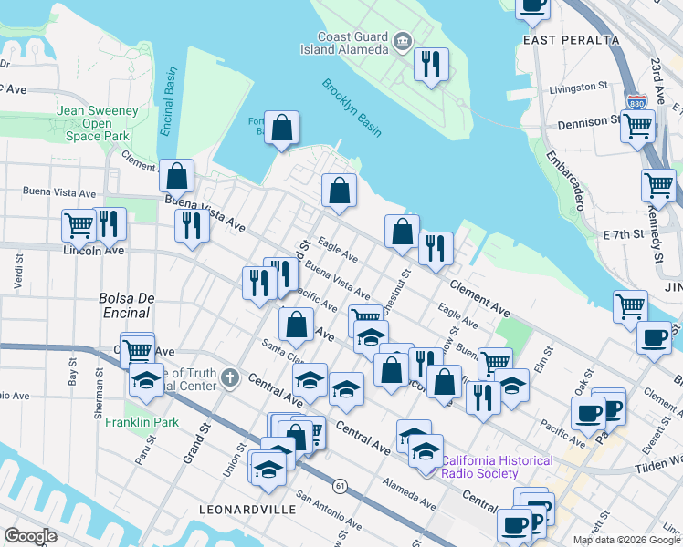 map of restaurants, bars, coffee shops, grocery stores, and more near 1805 Eagle Avenue in Alameda